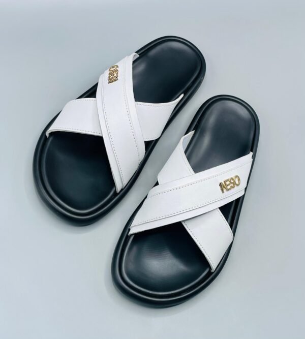 Mens White Cross-Strap Slides